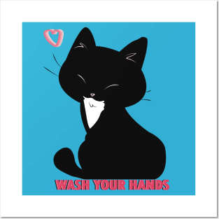 Coronavirus Wash Your Hand Black Cat Posters and Art